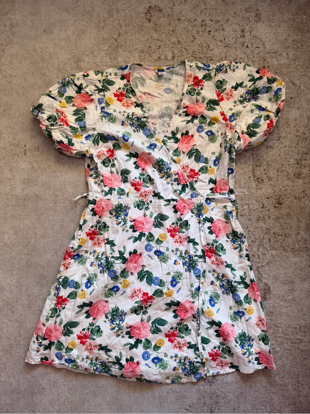 Old Navy Puff Sleeve Floral Mini Wrap Dress | Linen Blend 100% Cotton Lining XL